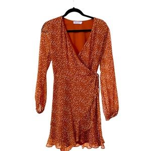 All in Favor Nordstrom - Orange Polka Dot V Neck Wrap Dress - medium